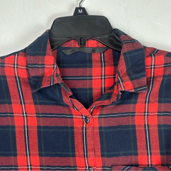 Zara | Trafaluc roll tab long sleeve button up plaid red multicolor shirt top - Picture 12 of 16